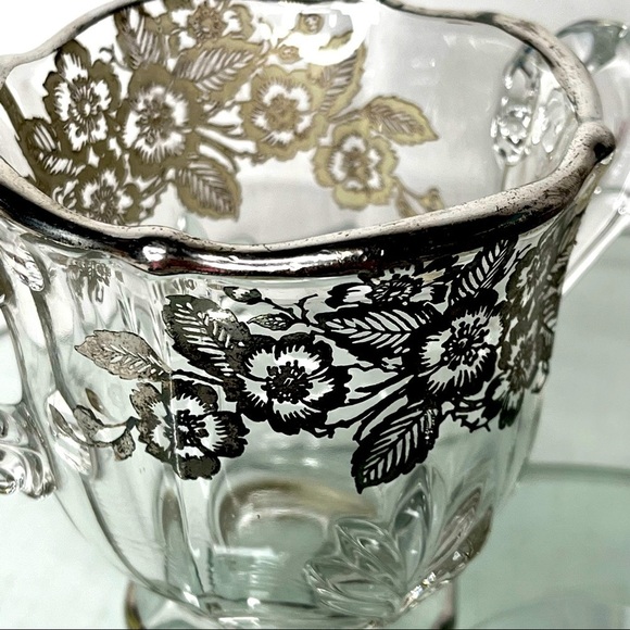 Fostoria Baroque Cream and Sugar with Silver Overlay of Wild Roses Elegant Glass - Picture 7 of 13